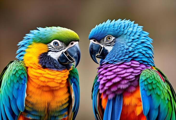 Two Parrots with Spectacular Plumage Sitting Opposite Each Other